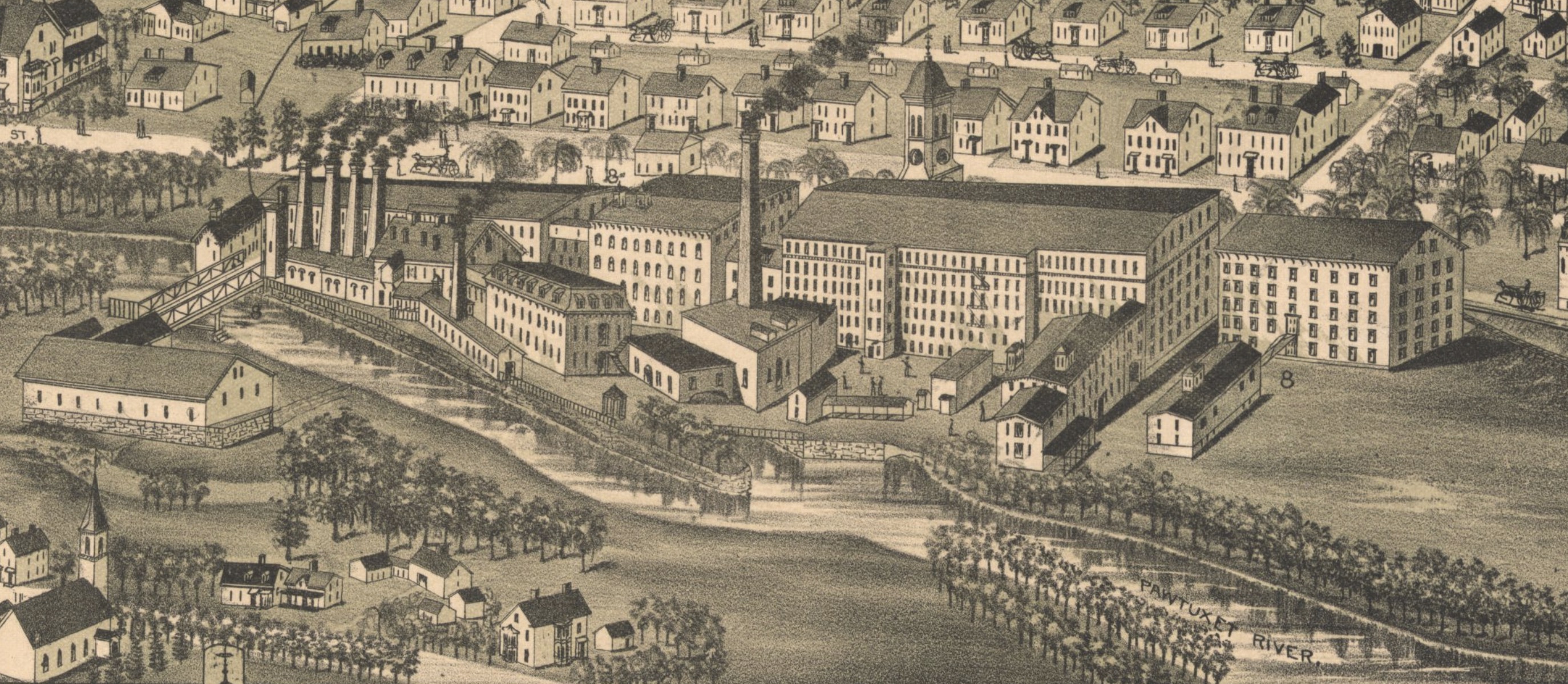 1889 lithograph of Pontiac Mills in Warwick, RI